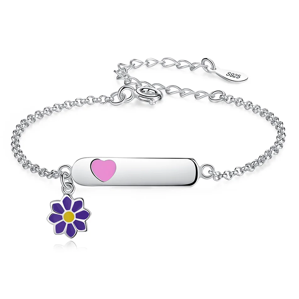 

925 Sterling Silver Engrave Name Bracelet Purple Enamel Sunflower Bracelets Personalized Fashion Jewelry For Children Girls