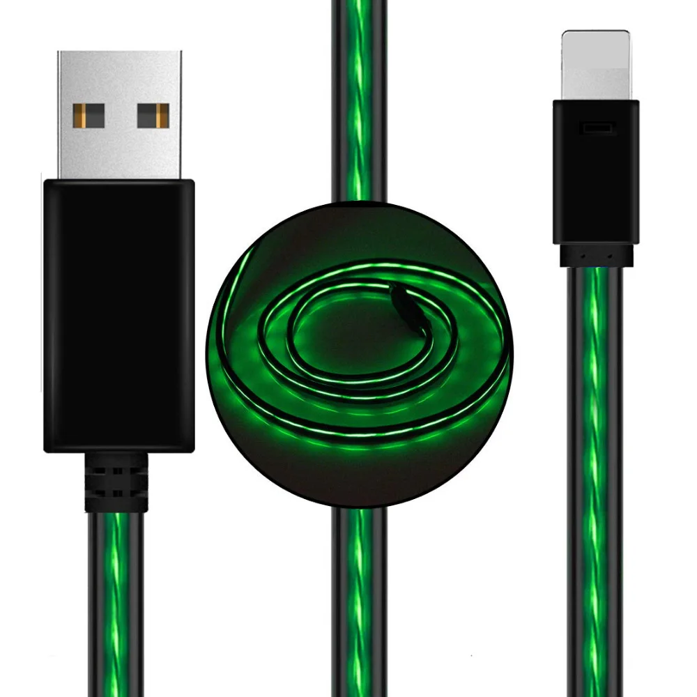 

phone charger fast charging cable EL wire flow light LED usb cable, Black-green;black-blue;black-red