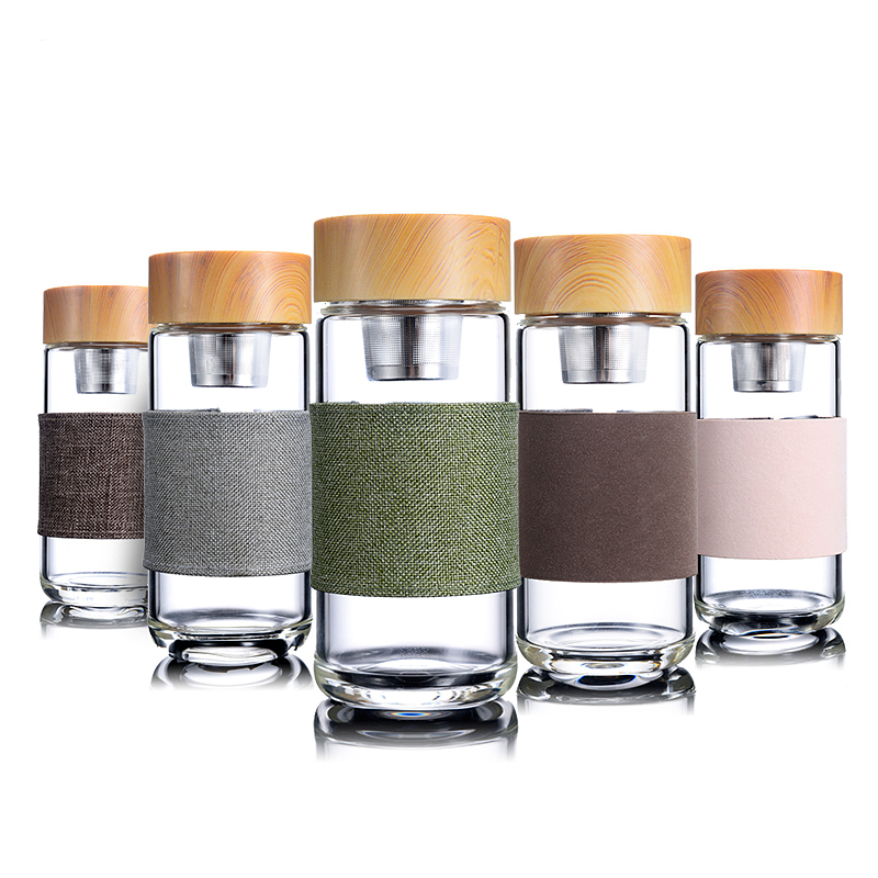 

400ML Glass Tea Bottle with Stainless Steel filter tea infuser glass bottle bubble tea glass bottle Custom LOGO, Green,grey,brown,red,pink