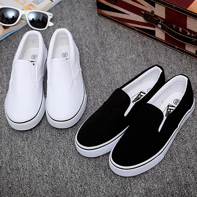 

ZY0360A women slip-on white plain canvas shoes, White/black/dark black