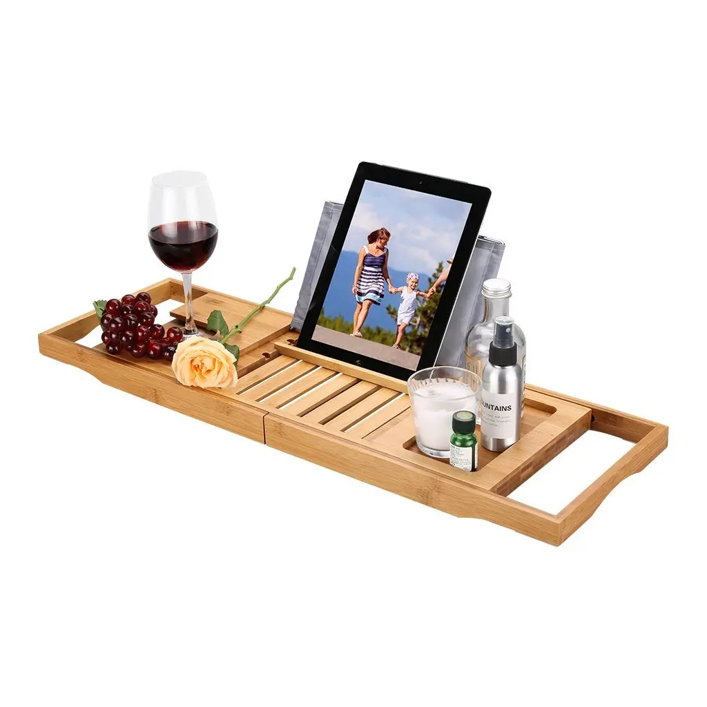 Eco-friendly Expandable Bamboo Bath Caddy Tray With Wine Glass Holder ...