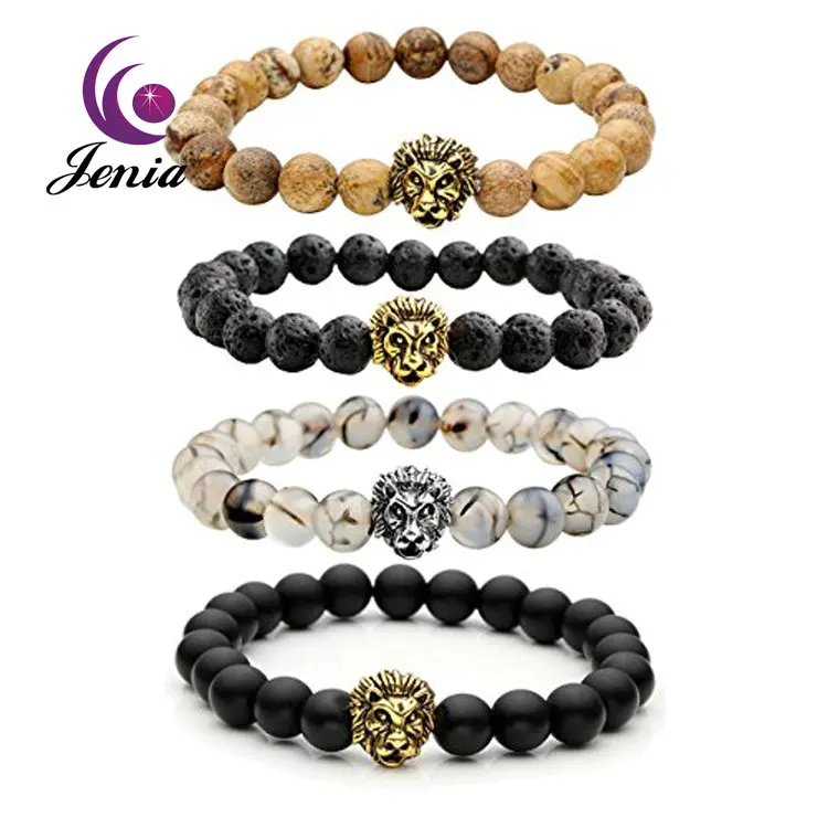 

Jenia Handmade Natural Stone Beads Bracelet Mens Jewelry with Lion Head, N/a