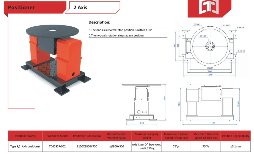 Automation 3 Axis Welding Positioner Table Robotic Payload 300kg X 2