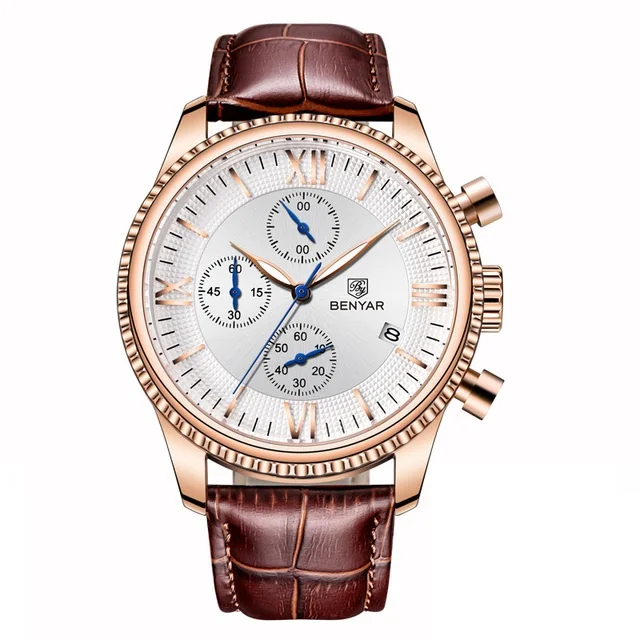 

BENYAR 5129 Chronograph Watches Men Wrist Top Brand Luxury Watch Men Genuine Leather Sport Waterproof Clock Relogio Masculino, 3-color