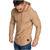 

2019 Slim solid color hooded long-sleeved t-shirt striped pleated raglan cuff cap men's clothing