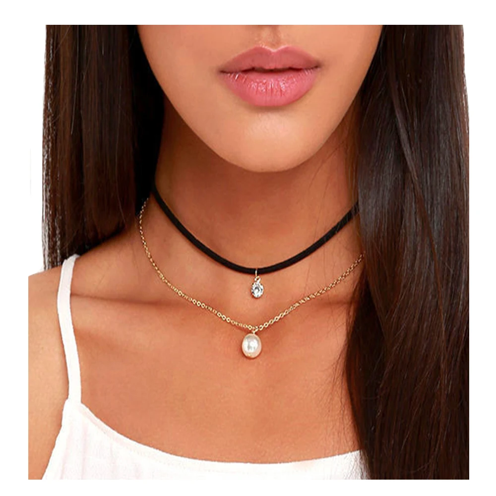 

Women Beautiful Party Jewelry Charm Crystal Collar Short Necklace Minimalist Double Layered Pearl Choker Necklace, N/a