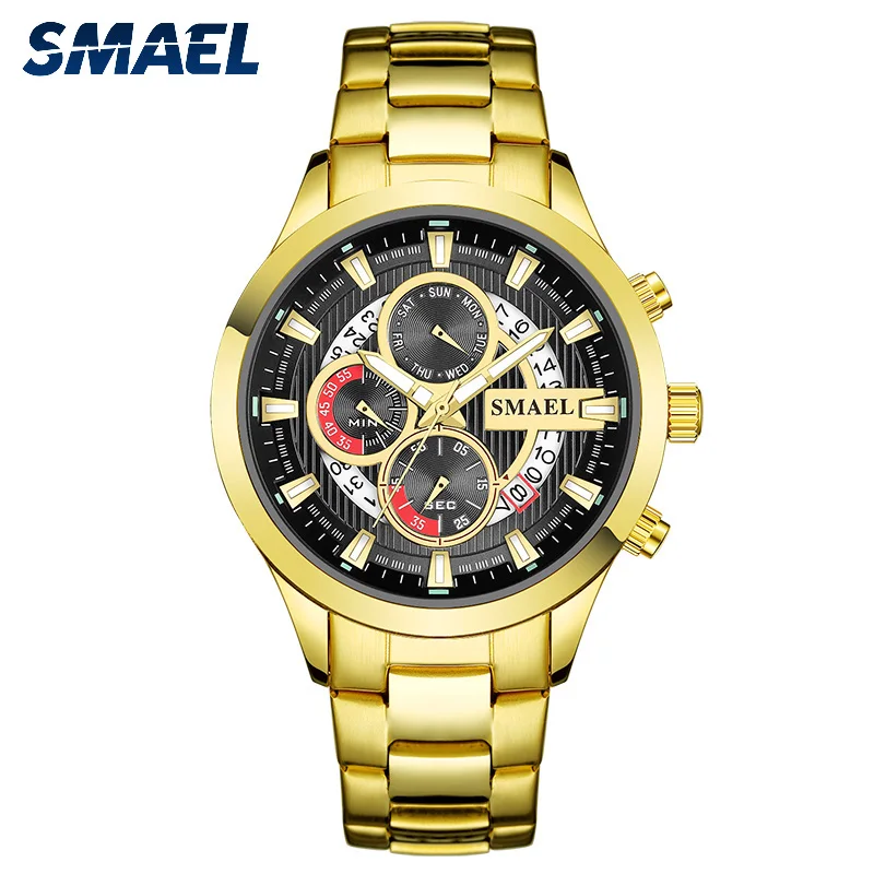 

SMAEL stainless steel water resistant quartz watch 9619, Black red;black blue;gold;silver black;silver