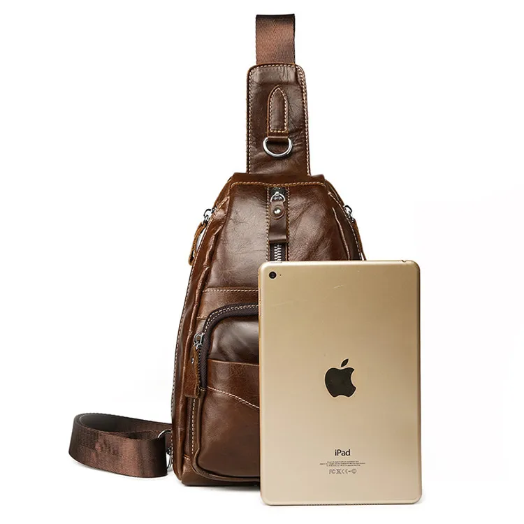 

Factory Dropship Custom Fashion Coffee Outdoor Men Leather Chest Sling Bag Pack Camera 8895, Brown