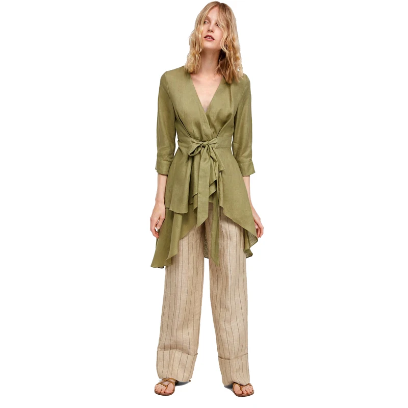 

3 / 4 sleeve irregular cut linen women dress clothing, Wash green or customized
