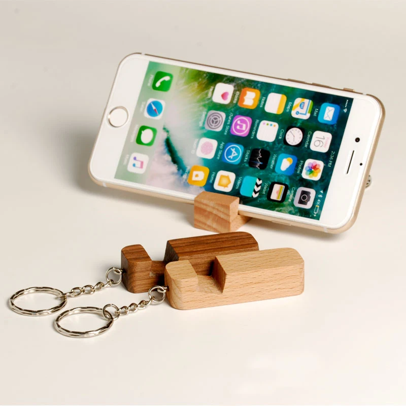 Pan mini mobile phone holder stand engrave logo easy taken  gift promotional wooden keychain