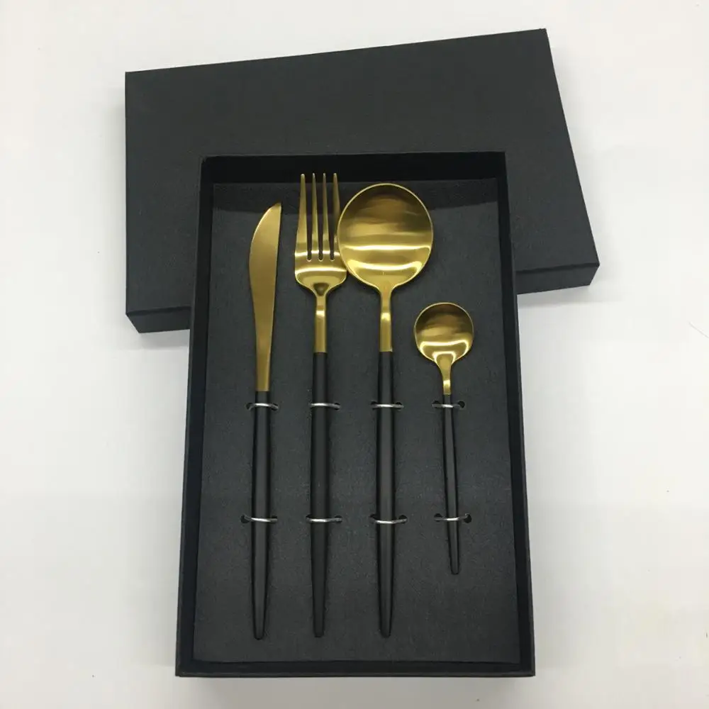 

4pcs Box Packing Matte Black Handle Gold Cutlery Set for Wedding Favor Gift, Black and gold