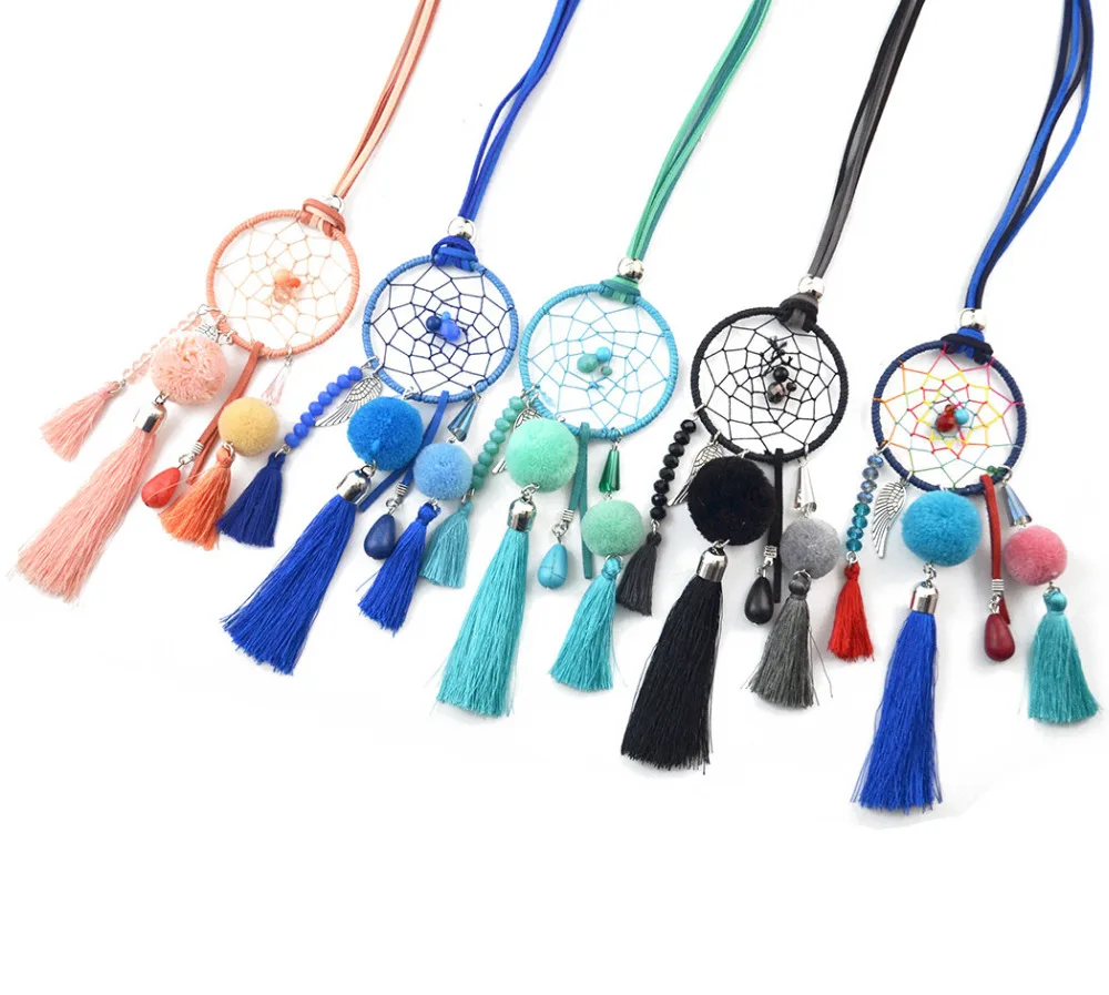 

Pom pom pendant necklace jewelry Dream catcher Pendant Necklace new design necklace, Green;blue;pink;black;colorful