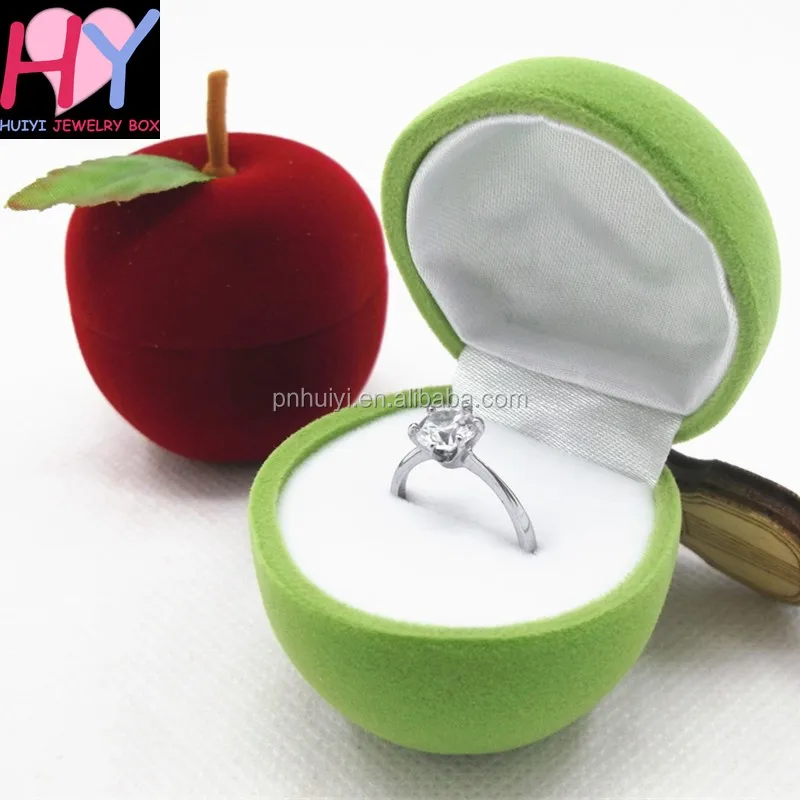 

factory production fruit apple shaped stud earring ring jewelry box flocking box, Red, grass green