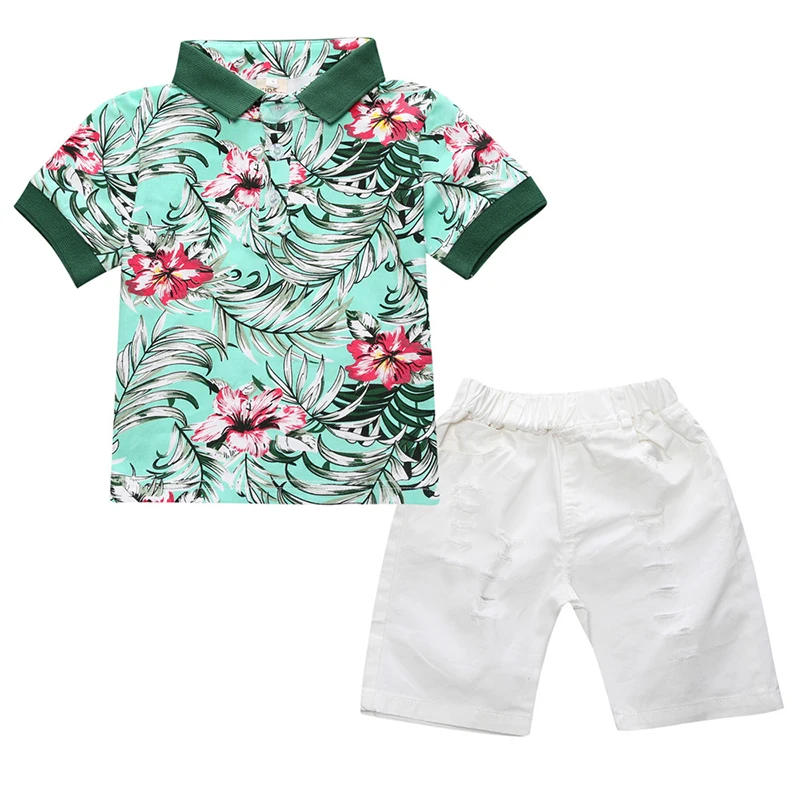 

kids fashionable clothing 2pcs Boys clothing sets flowers turn-down collar shirt white shorts kids boutique clothing, As picture