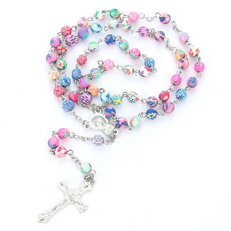 

8mm Colorful Polymer Clay Bead Rosary Pendant Necklace Alloy Cross Virgin Mary Christian Catholic Religious Jewelry