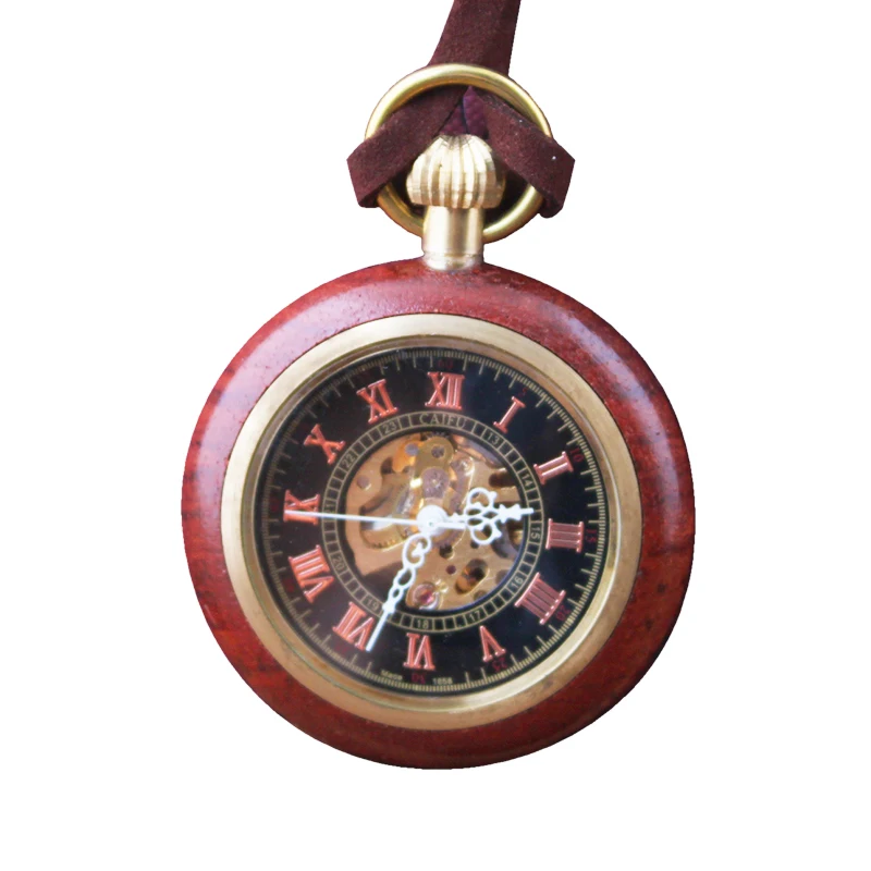 

Free shipping leather rope roman dial mechanical automatic skeleton wooden pocket watch, Wood color