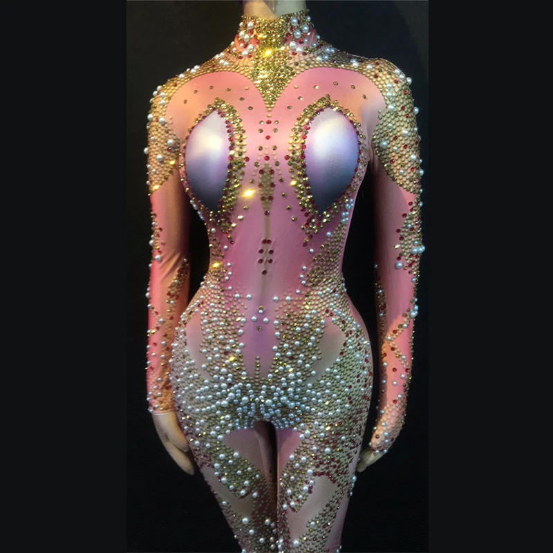 

Colorful Diamond Pearls Jumpsuit Women sexy Pink Leggings Bodysuit Costume Dance Stage Wear Female Singer Stretch Outfit DL3441