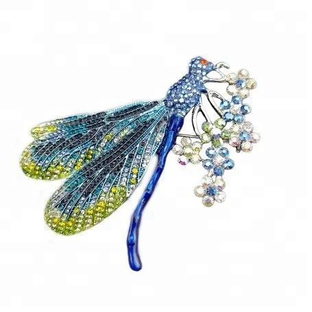 

Wholesale 3.55" Blue Enamel Crystal Dragonfly Flower Brooch Pins, As picture