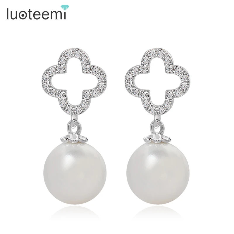 LUOTEEMI Wholesale pearl jewelry women Tiny CZ Brand Pattern Luck and Happiness 4 Leaves Clover Pearl Drop Earrings