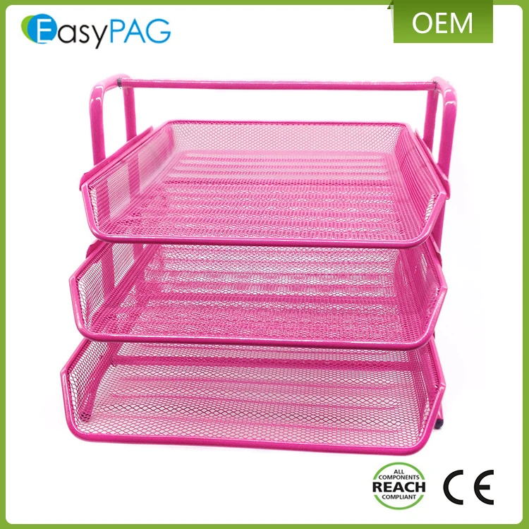 Easypag 3 Tier Mesh Desk Organizer Tray File Holder Pink Office