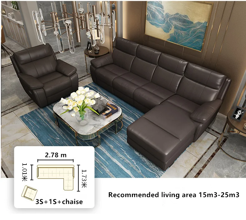 European Power Recliner Genuine Chinese Cowhide Sectional 3 Seater
