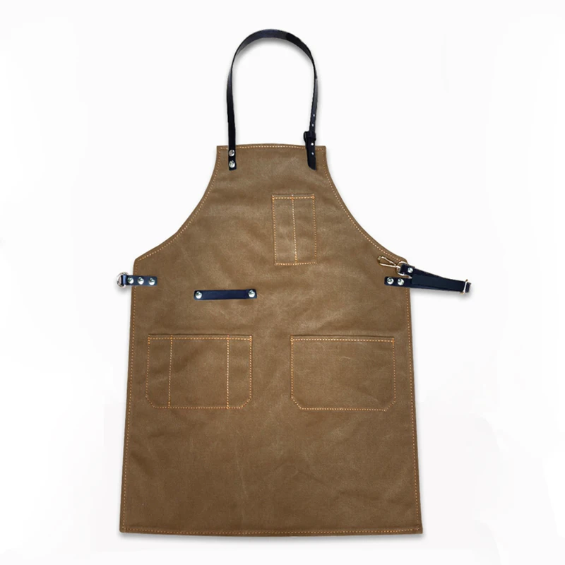 

Deep Khaki Canvas Hanging Neck Fashion Men and Women Apron Overalls Coffee Shop Hair Salon Apron LOGO Custom