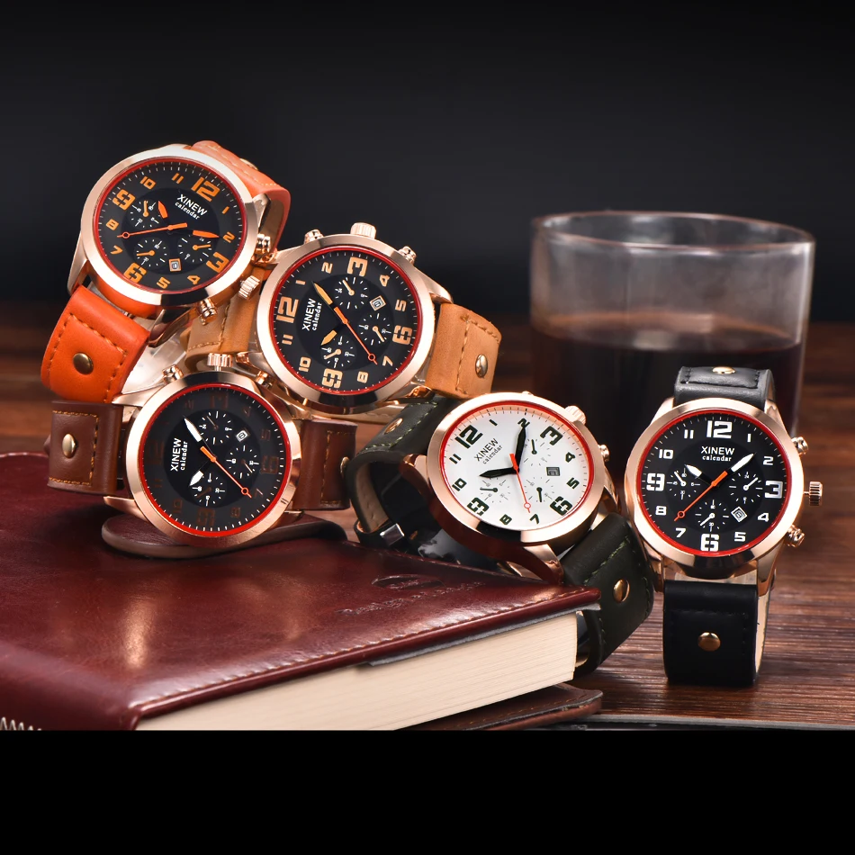 

XINEW-2325 Genuine Leather Watch Male Military Quartz Watch Wrap Quartz Men Casual Watch Wholesale Wristwatch, 5 colors