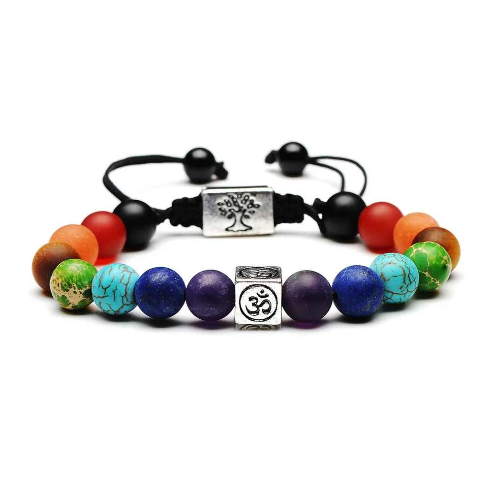 

GC-BC0214 Gemstone Natural Stone Reiki Balancing Healing Crystal 7 Chakra OM Buddhist Mala Bracelet, As picture