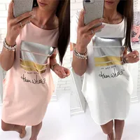 

Wholesale New Summer Beach Dress Women Short Sleeve Print Fashion Tops Tees Casual Solid Shirt Dress