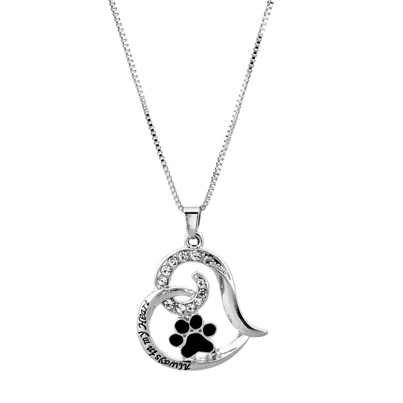

2019 Hot Sale Always In My Heart Fashion Pet Dog Foot Print Hollowed Out Heart Diamante Pendant Necklace, Picture