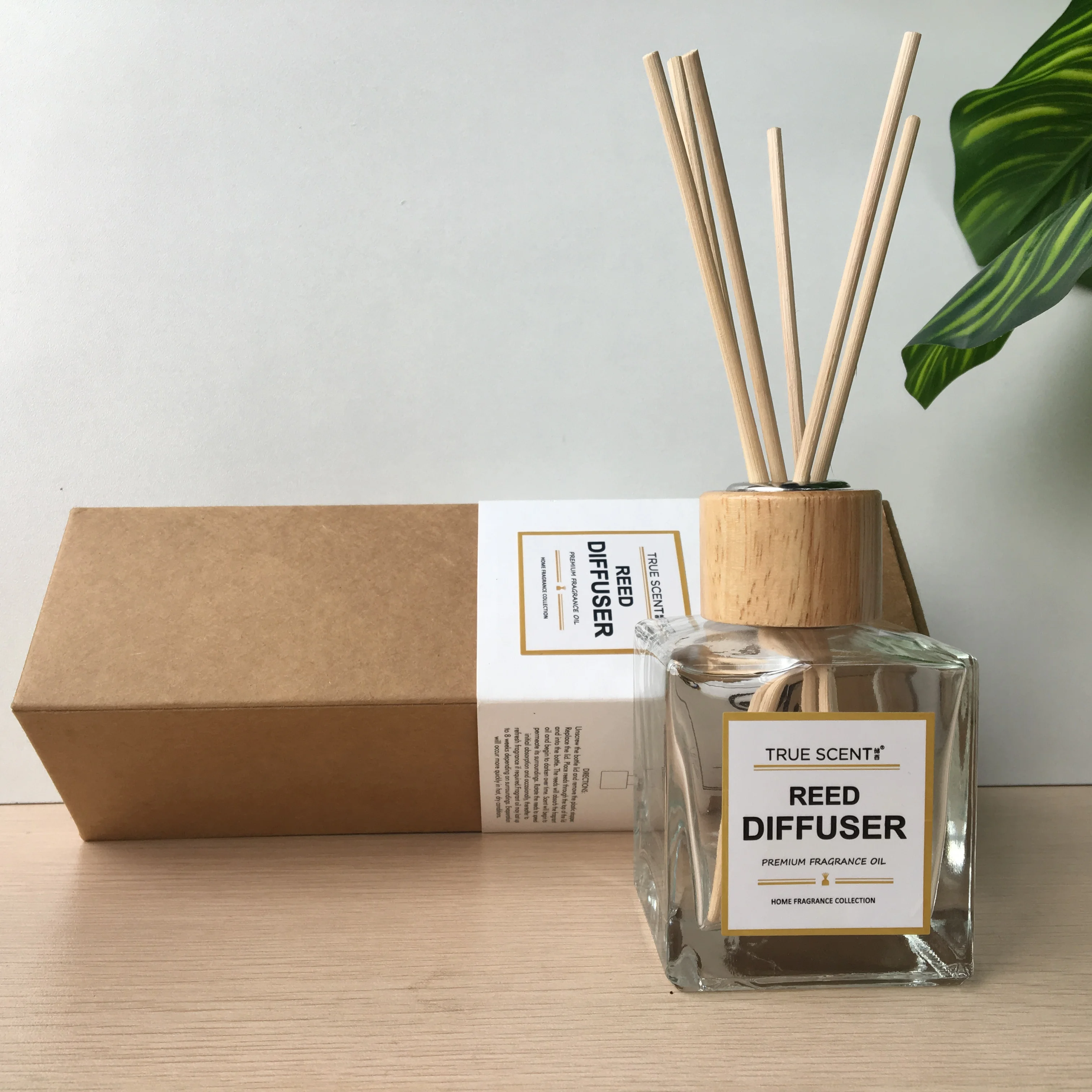 

wholesale in stock 200ml transparent square bottle aroma rattan reed diffuser with craft paper gift packing XHRD-001-1-1