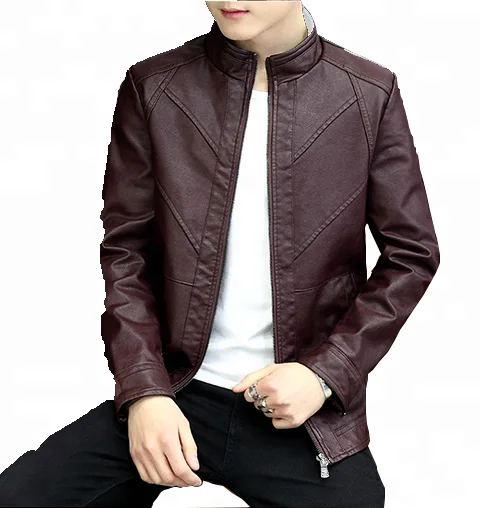 

In-Stock Factory PU Faux Leather Men Slim Zipper Black Full Sleeve Motorcycle Jacket, Brown;black;red