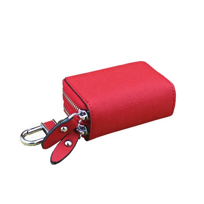 Hot Sale Double Zipper Car Key Pouch With Car Key Ring Cowhide Leather Key Holder Bag With Key Chain.jpg