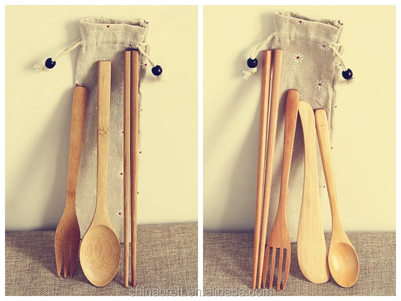 Eco Friendly Travel Bamboo Cutlery Set Fibre Pouch Bag