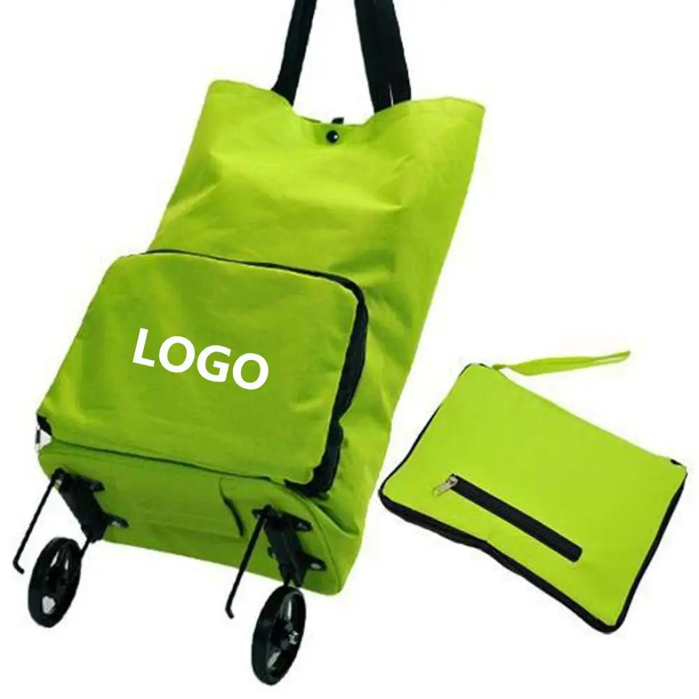 

Custom Logo Green 600D Nylon Grocery Foldable Vegetable Shopping Trolley Bag With 2 Wheels