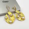 WT-E495 Three Round Pearl With Gold Trim Drop Dainty Jewely Natural Freshwater Pearl Earring Random Size Pearl Stud Earring