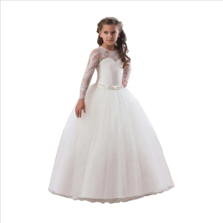 

HYC07 Flower Girl's Birthday Long Sleeve Lace Stitching Dress Elegant Girl's Wedding Long White Butterfly Lace Night dress, As the picture show