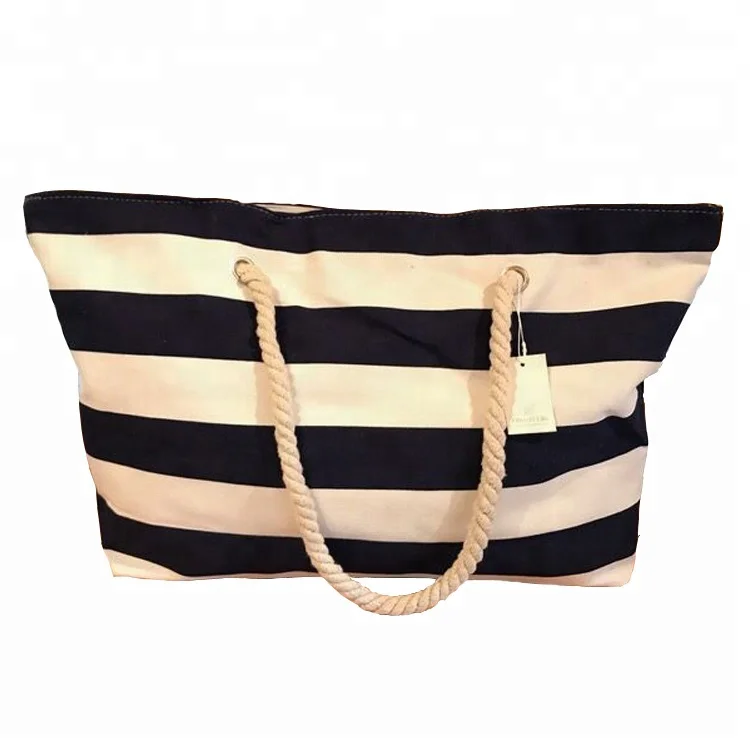 

Fashional Canvas Black Stripe Beach Bags Rope Handbag
