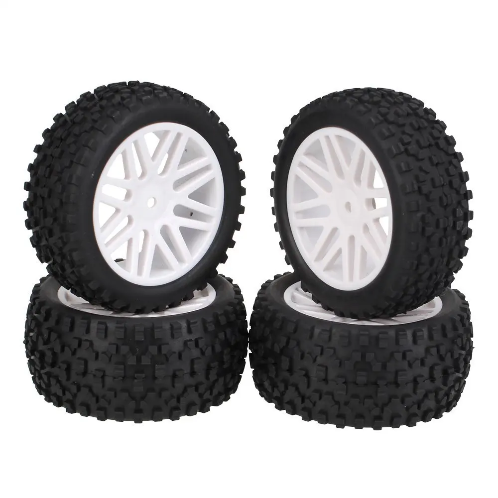 BQLZR White Front Rear Buggy Wheel Rim & Black Rubber Tyre Tires for RC 1:10 Off-Road Pack Of 4