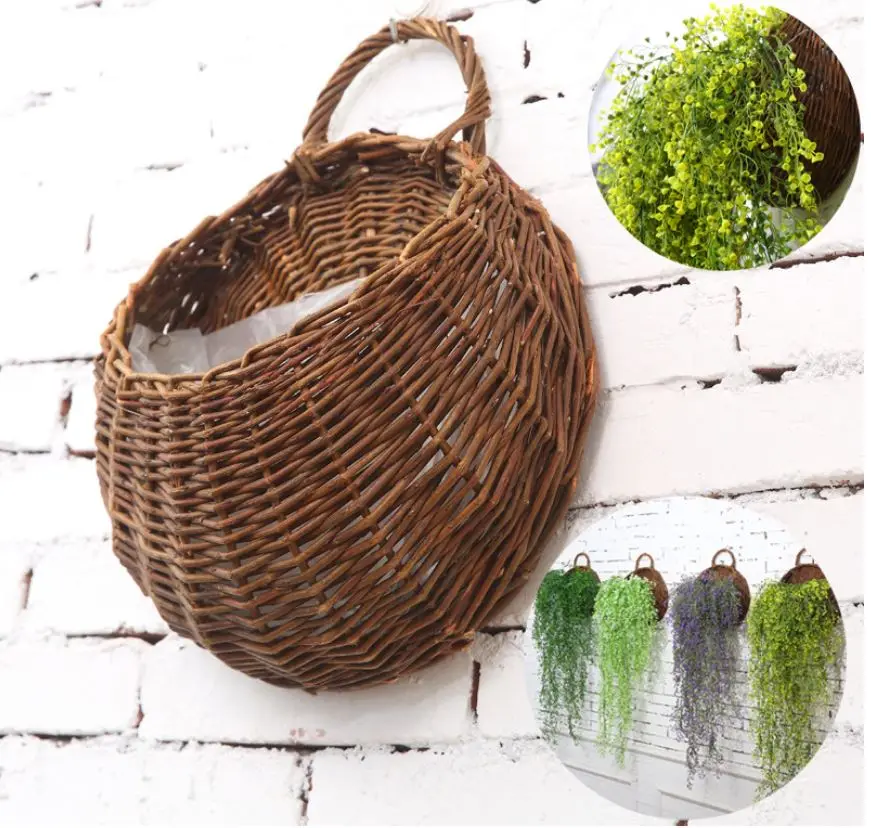 

round wicker basket with handle hanging flower plant