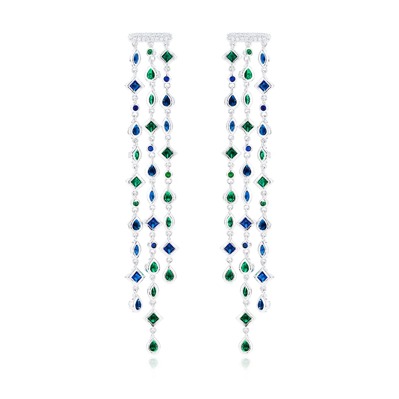 

95mm Very Long Simple Cubic Zircon Tassels Drop Earrings For Women, Silver, black, colorful