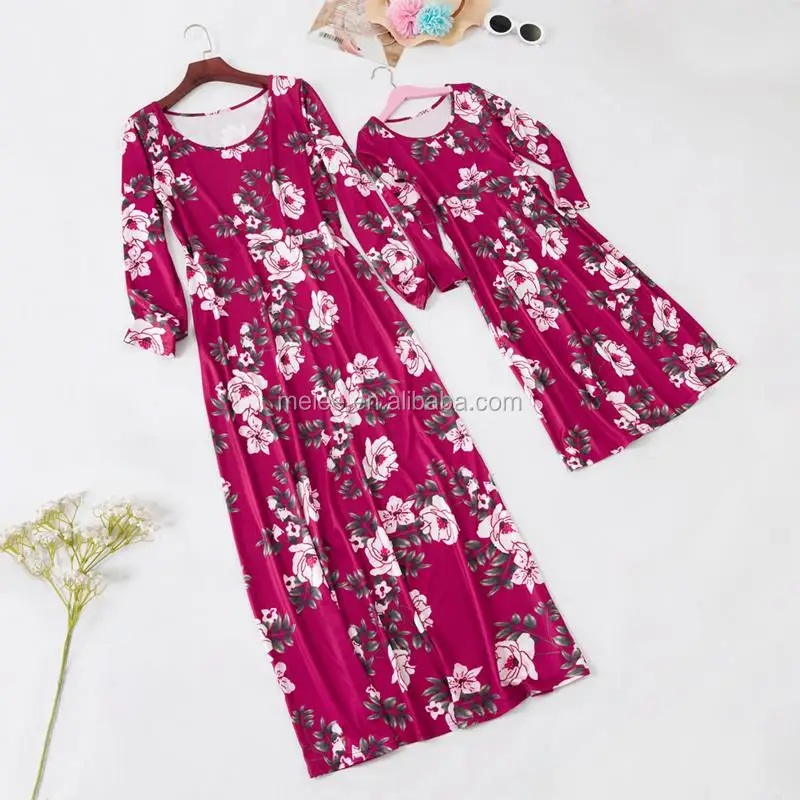 

Wine red Floral Long Vestidos Mother daughter dresses Mother and girls clothes Mom and daughter dress Family matching clothes