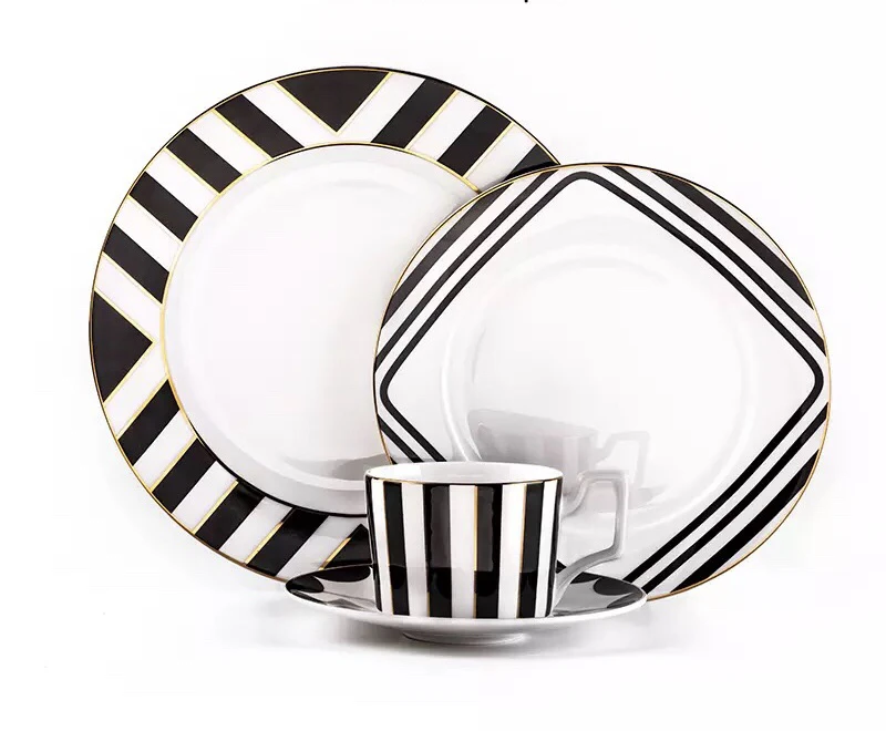 Black And White Striped Printed Luxury Italain Gold Rim Round