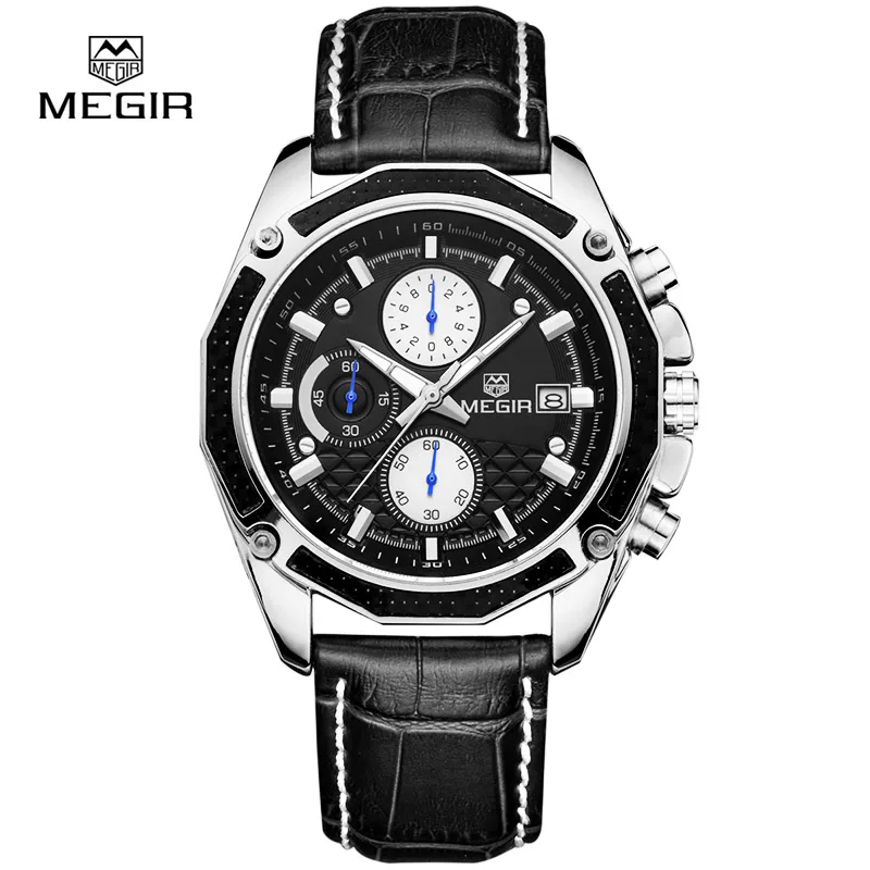 

MEGIR 2015 Cheap Men Leather Strap Analog Chronograph Calendar Wrist Watch Military Sport Men Wristwatch, 2 colors to choose