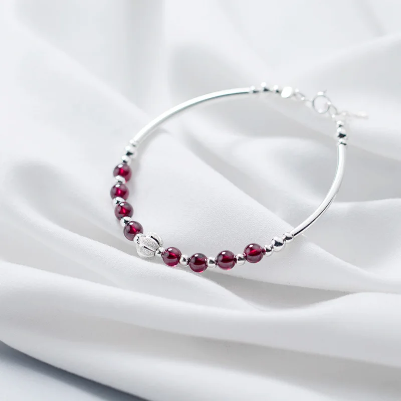 

Factory Price 100% 925 Silver Fashion Concise Delicate Garnet Beads Bracelets Bangle Fine Jewelry for Female