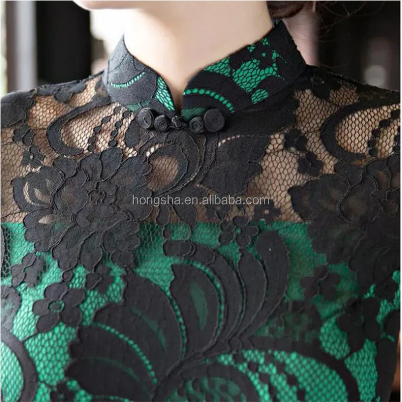 Women Plus Size Qipao Black Floral Lace Green Lined Short Mandarin 