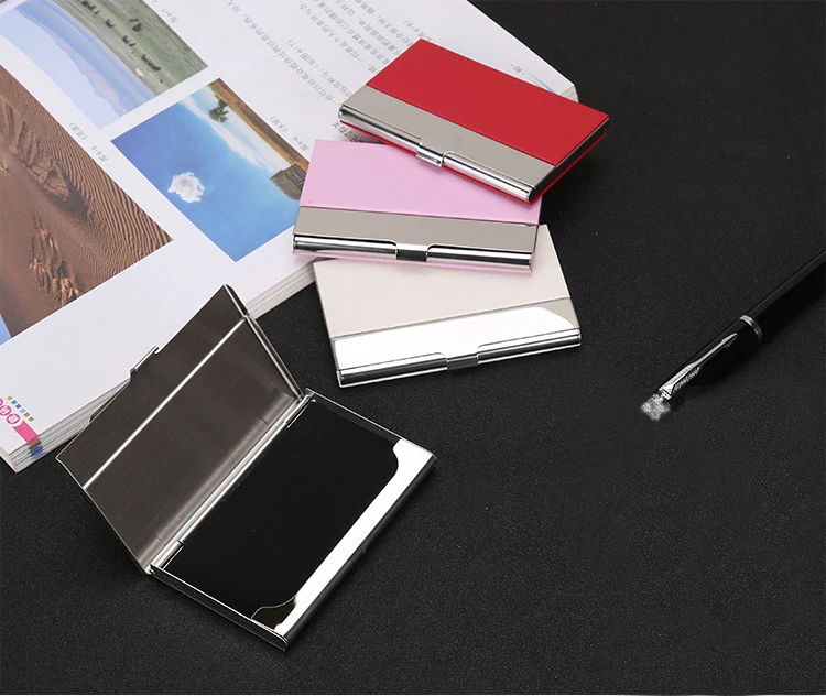 Fashionable PU leather business card case stainless steel box metal name card holder promotion gift