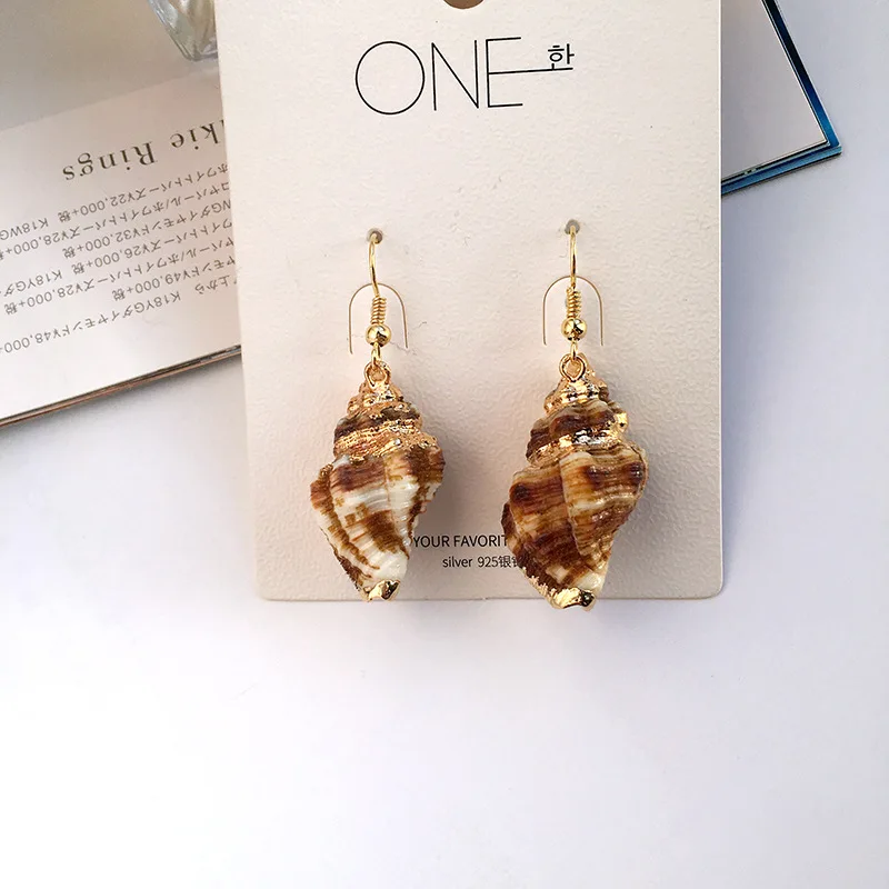 

Mother's Day Gift Unique Fashion Marine Series Earrings Real Natural Conch Seashell Hook Earrings with Gold Plated, As picture