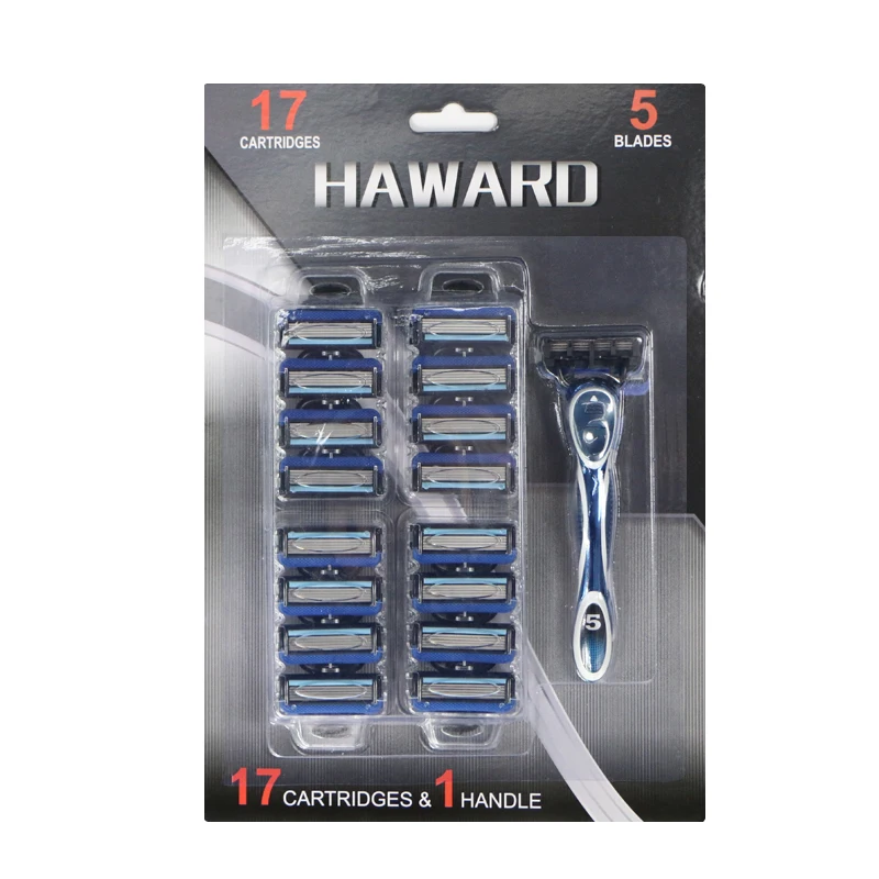 

Haward D952L five blade system metal handle razor with 17 cartridges, Blue