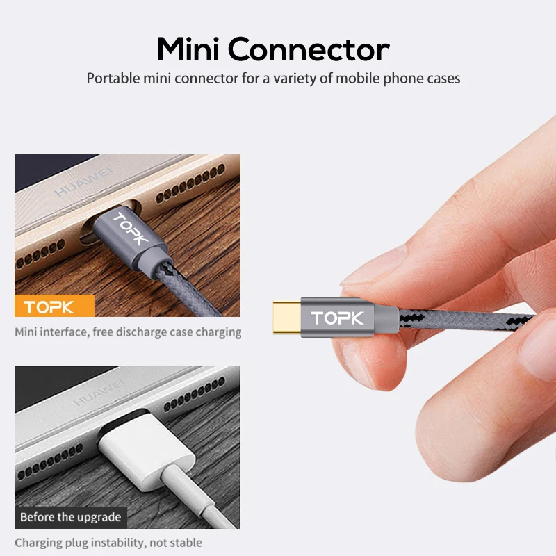 
Free Shipping TOPK AN09 1M Gold Plating Nylon Weave Micro USB Type C Charging Cable 